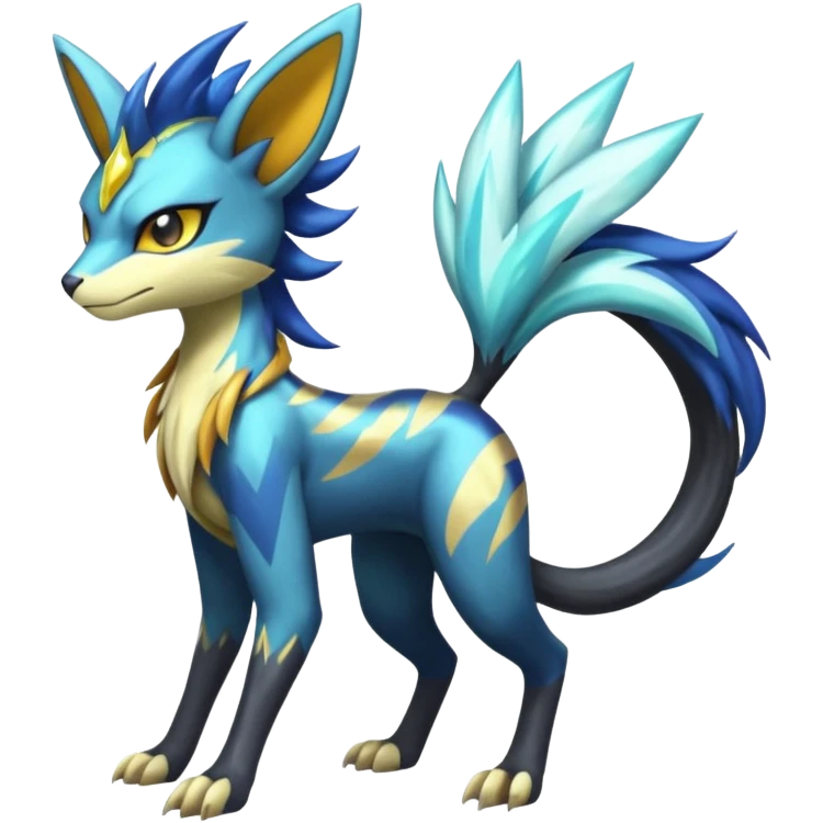 Shiny colorful exotic Feral Scaly Striking Slaying Badass Evil Handsome Lightning-patterned Zig-zagged buzzy fuzzy Meloetta-Renamon-Luxray-Cobalion-Suicune-Vernid-fusion-hybrid-creature, full body  emoji