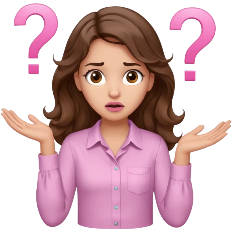 girl with wavy long brown hair, brown eyes, light to medium complexion, long lashes, light pink lipstick, wearing light pink shirt, shrugging with both hands, confused, question mark emoji