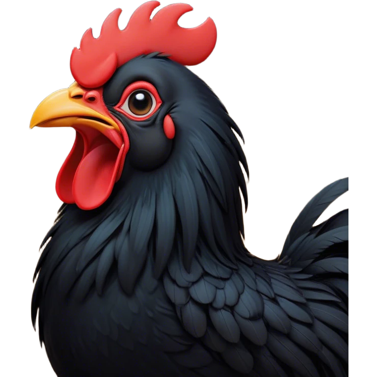Cinematic Cute Yawning Black Rooster Portrait Emoji, Head tilted slightly with a dramatic, wide-open yawn, showcasing a soft, downy black plumage with a crisp red comb and drooping wings, round eyes barely open in drowsy contentment, Simplified yet irresistibly adorable features, highly detailed, glowing with a soft, cozy glow, high shine, relaxed yet expressive, stylized with a touch of whimsy, bright and endearing, soft glowing outline, capturing the essence of a sleepy yet affectionate rooster, so drowsy it feels like it could stretch out of the screen and curl up for a nap! emoji