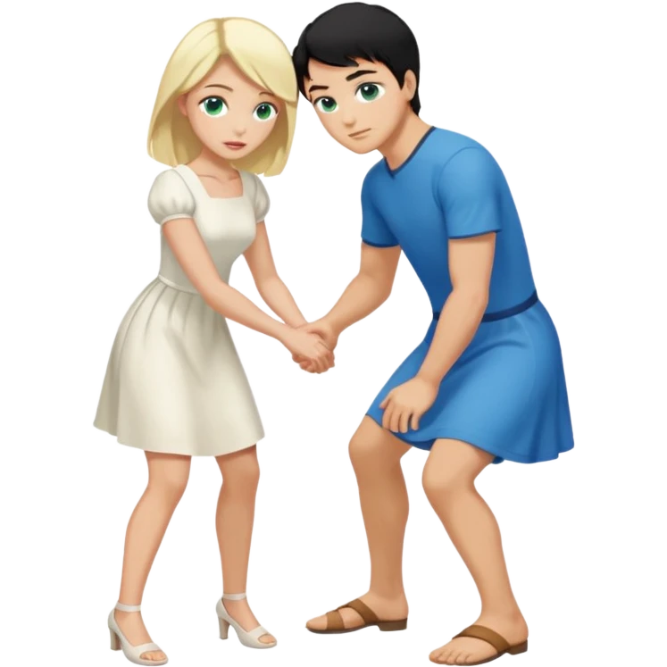 Man, black Hair, blue eyes, whole body, Woman, bending knees, blonde, green eyes, White Dress, emoji