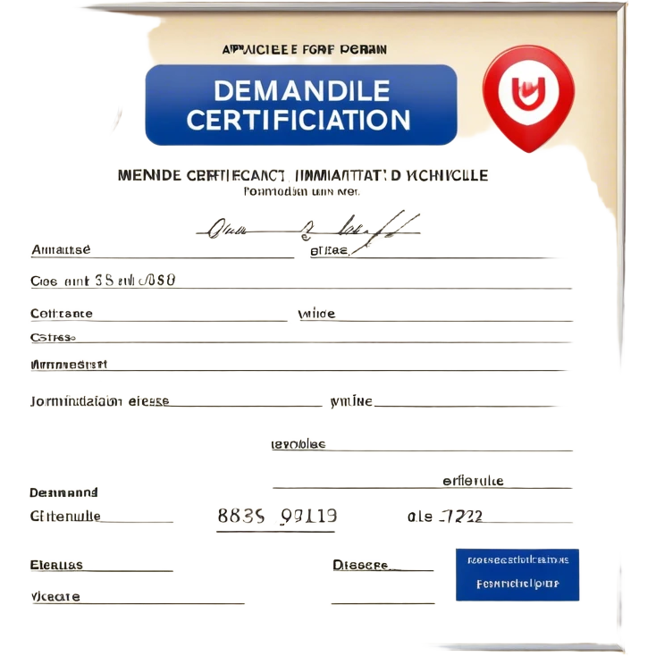 The image shows a French vehicle registration form called "Demande de Certificat d'Immatriculation d'un Véhicule" or "Carte Grise." It is used to register a vehicle in France. The form includes sections for vehicle details, applicant information, residence, technical characteristics, additional information, and signature. It must be accurately completed to avoid delays in processing. emoji