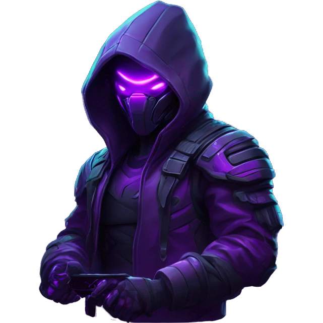 developer behind his laptop with this style : crysis Cyberpunk Valorant neon glowing bright purple character purple violet black hooded assassin themed character emoji