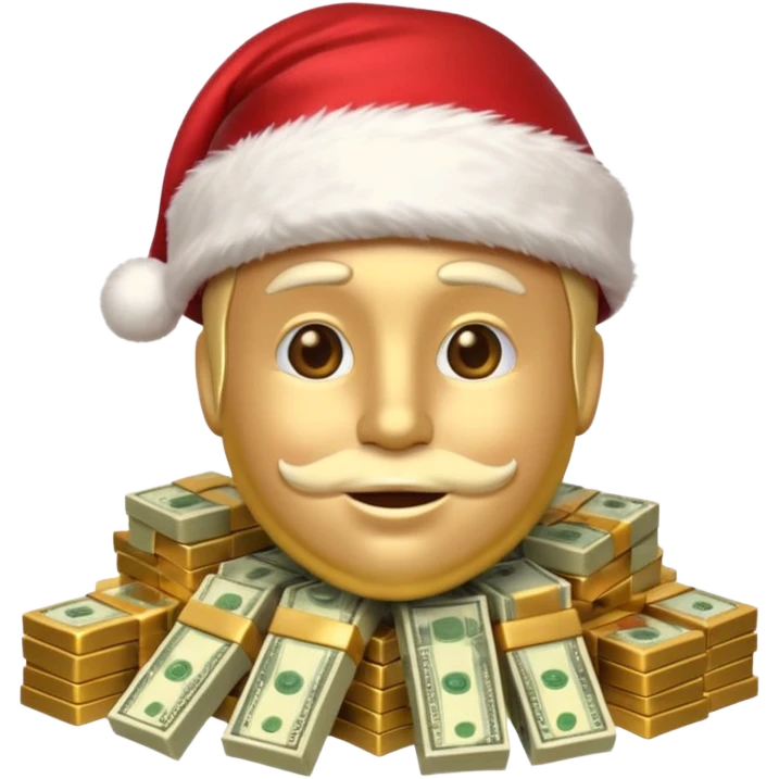 A confident rich emoji face wearing a Santa hat, money stacks, casino vibe, New Year theme, premium 3D emoji style, sharp details, no text, isolated on transparent background emoji
