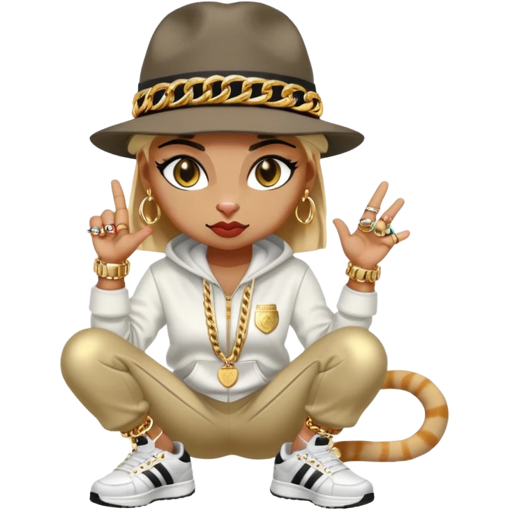 female cat wearing Run DMC hip-hop outfit with tracksuit, fedora, Adidas sneakers, many gold chains, rings, bracelets, flashy earrings, eyes averted, talking to a friend, no sunglasses emoji