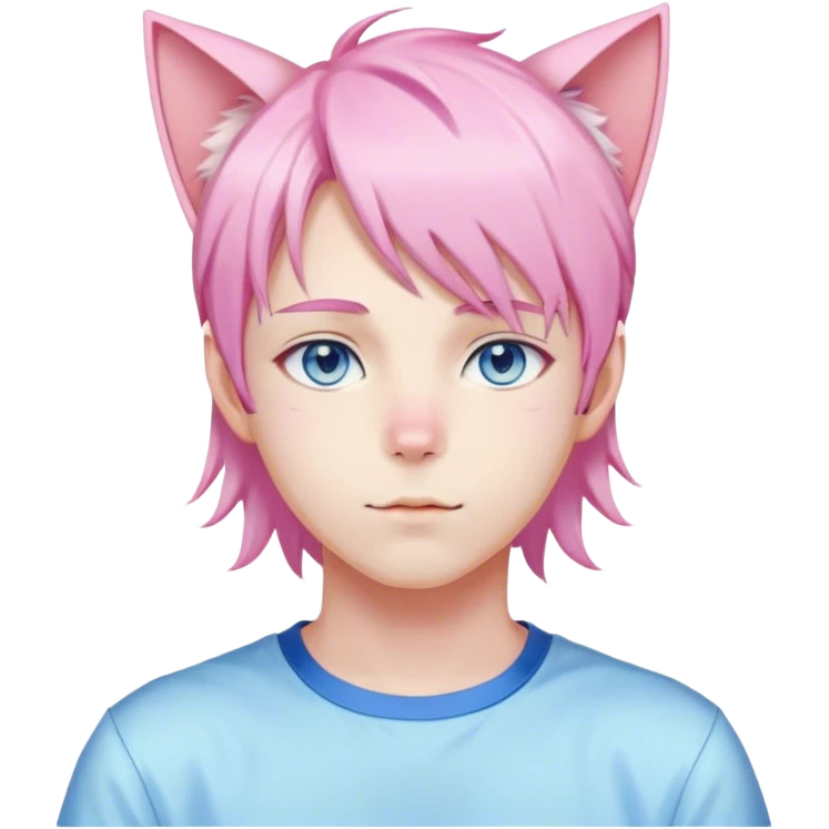 Pastel effeminate young femboy man with pastel pink shiny hair, pink cat ears, pastel yellow blouse, blue eyes, cute, gorgeous, anime, catboy emoji