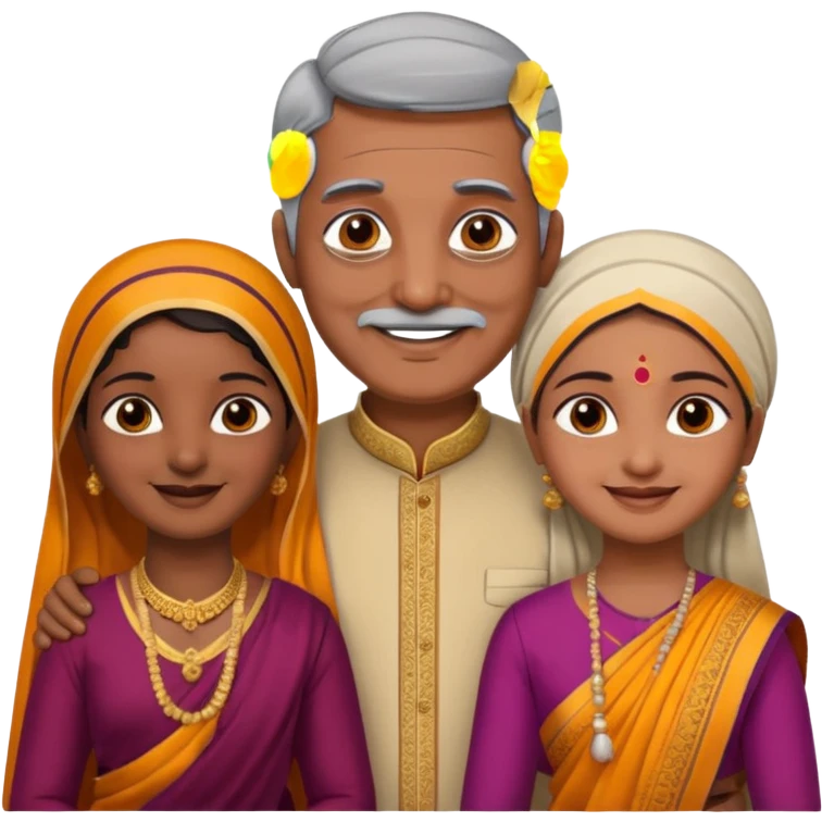 South indian family with a 70 years old father and mother and a 40 years old daughter. They wear a traditional dress. They are smiling. emoji