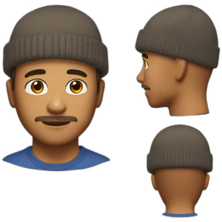 man with stubble, bangs, brown hair, beanie, t-shirt emoji