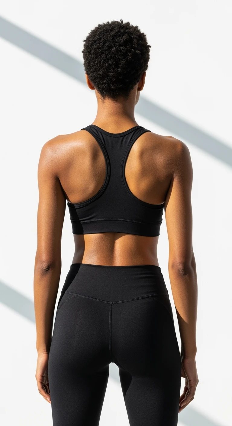 donna fitness di spalle con spina dorsale in evidenza, sfondo bianco emoji
