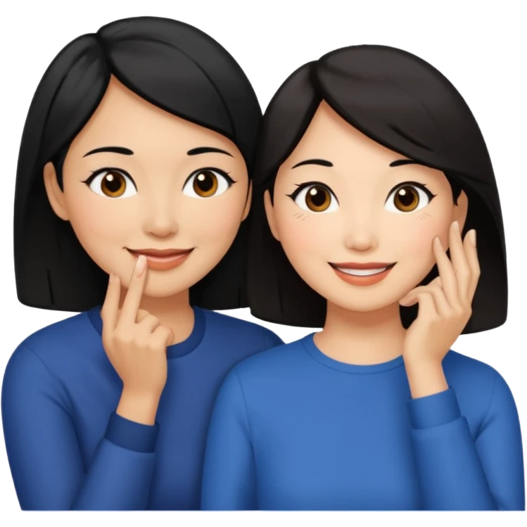 Middle aged light brown skinned woman with black hair, beside a middle aged asian woman with dark brown hair touching their cheek emoji