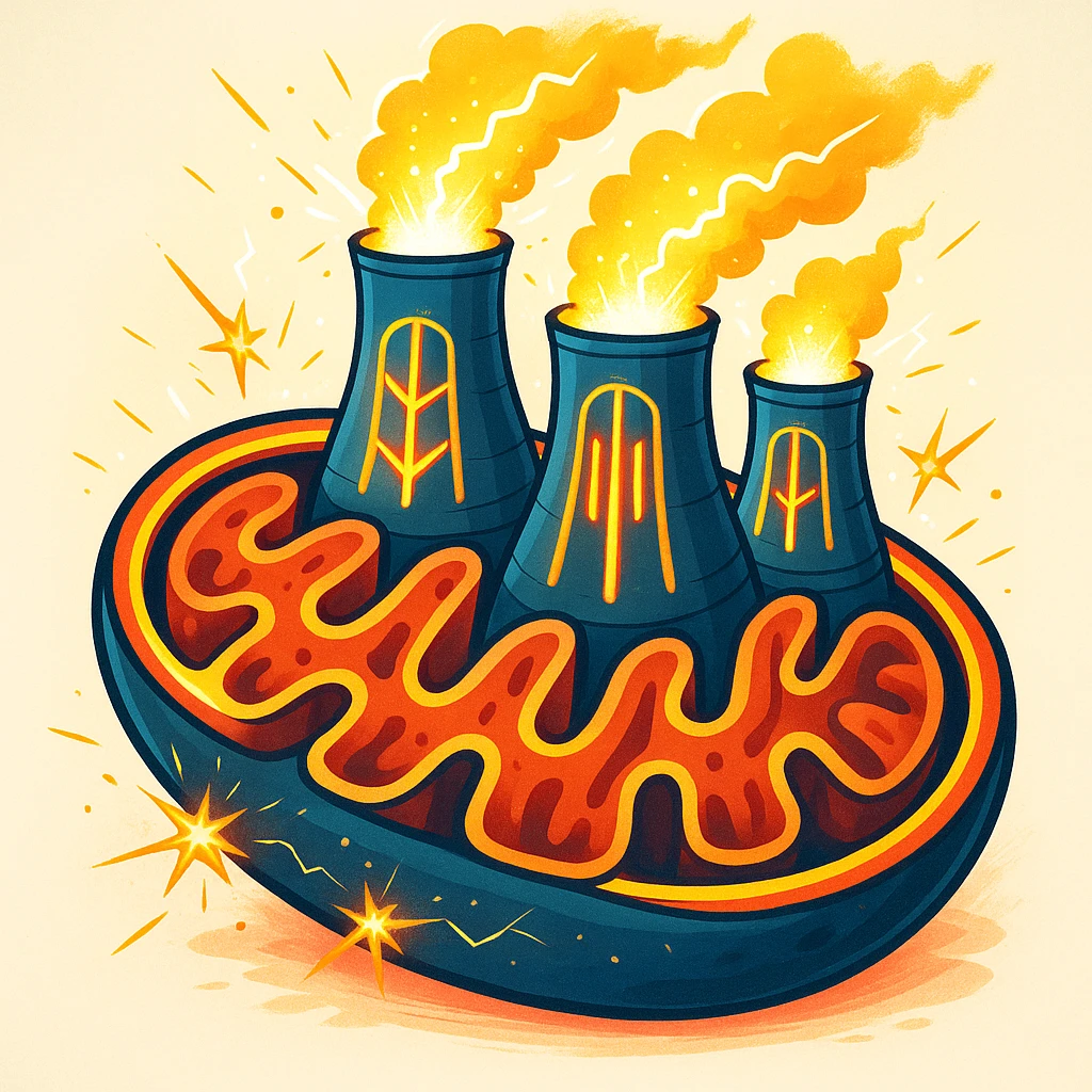 mitochondria represented as nuclear power plants, modern illustrative style inspired by updated DALL·E 3, creative details, vibrant colors, visible energy with lights and sparks, only mitochondria-nuclear power plant, light background emoji