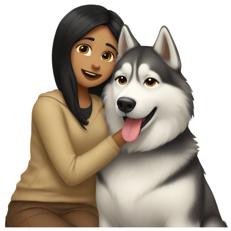 A golden beige Husky next to him a girl with black hair who kisses him on the cheek emoji