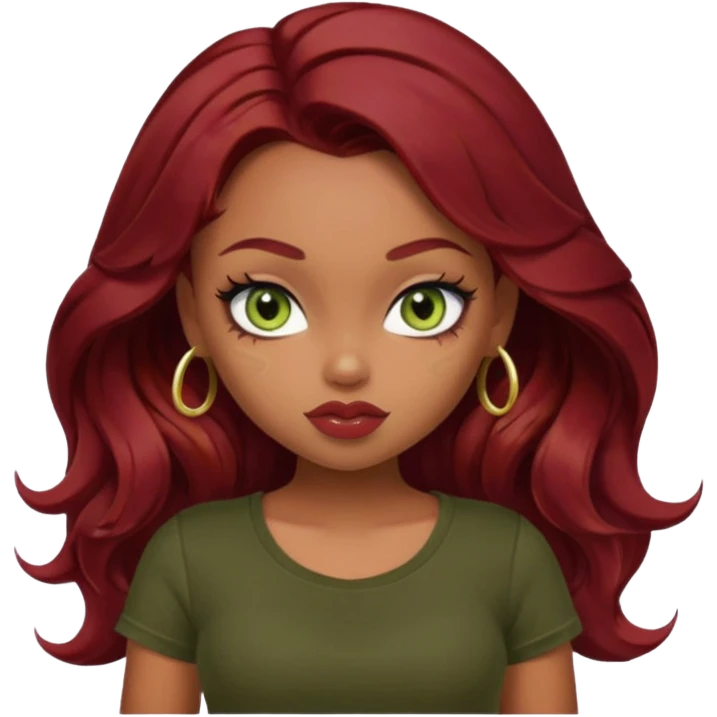 a pretty fair bratz girl with wavy dark red hair, wearing a black tee. eyeliner on, olive green eyes. Till stomach emoji
