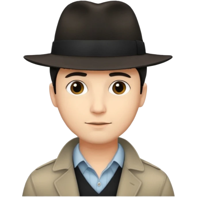 A light-skinned man with short dark hair, and a black fedora, with an oval face and calm look. emoji