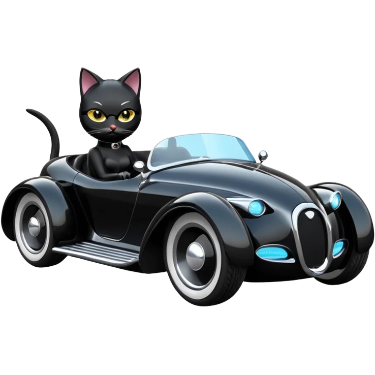 Hot rod comical Cat Woman’s sporty futuristic pursuit mobile two seater car  emoji