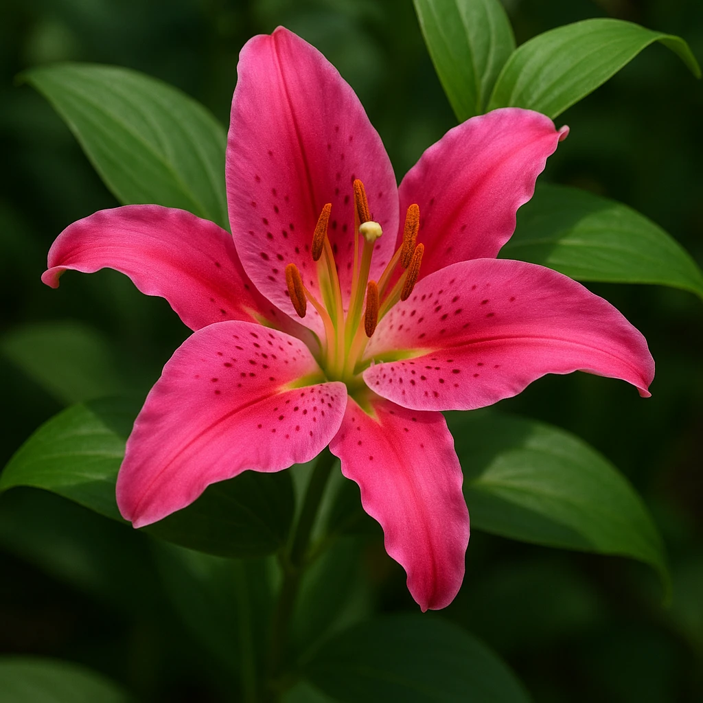 realistic style vibrant pink lily flower with green leaves emoji