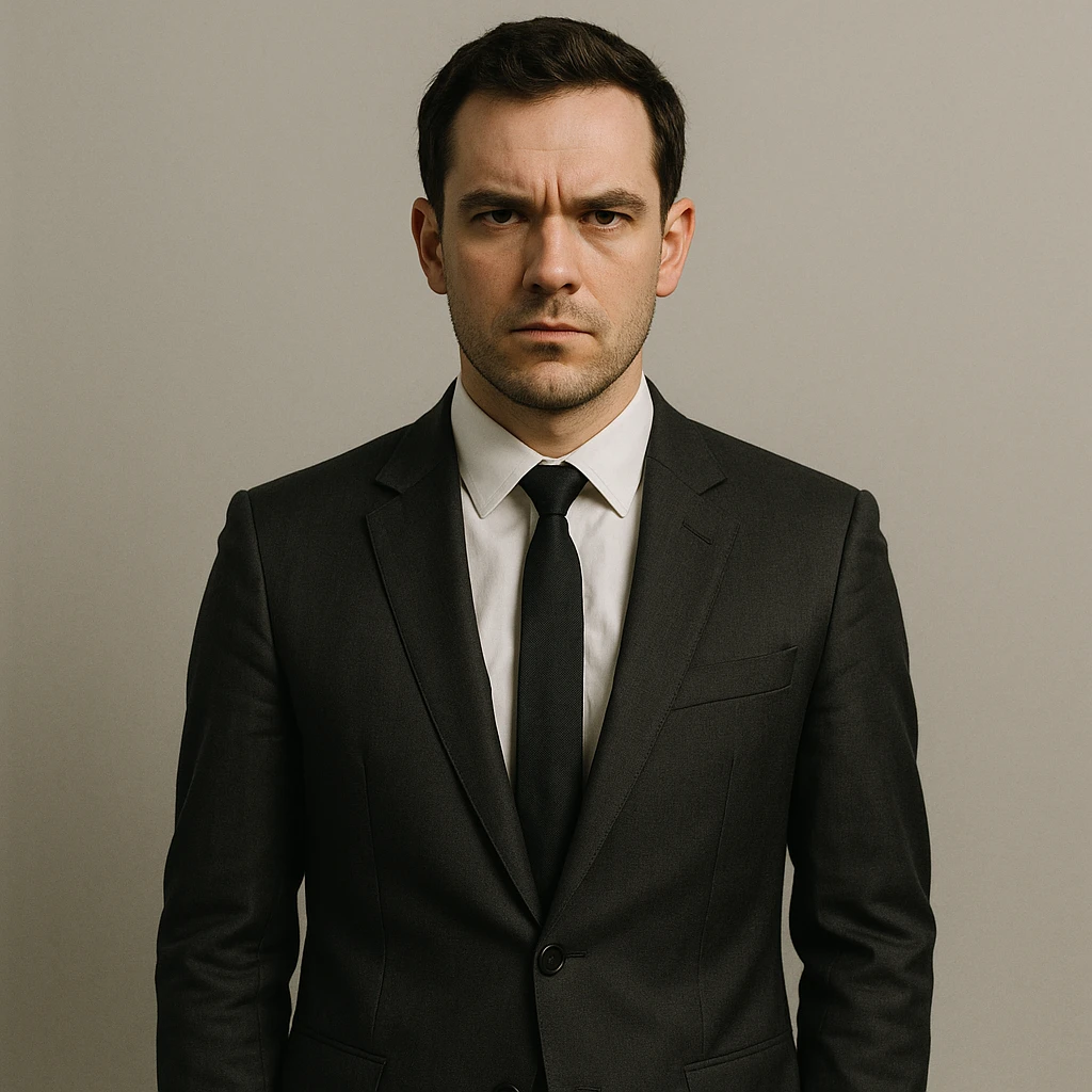 a professional-looking person in formal suit with a serious expression, plain background, modern style emoji