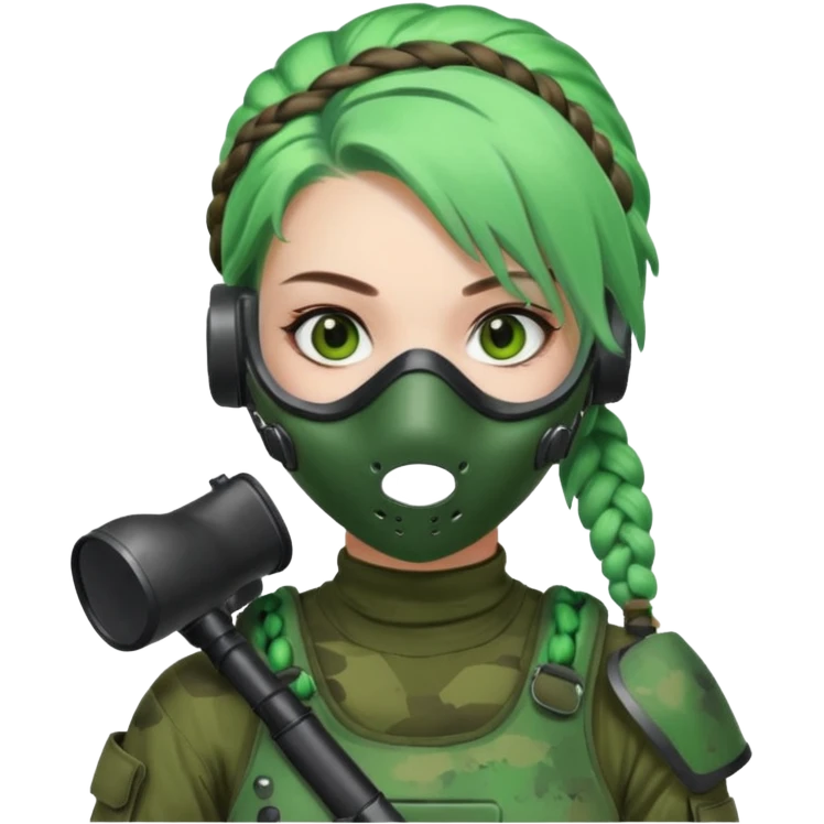 paintball player face girl braided green hair emoji