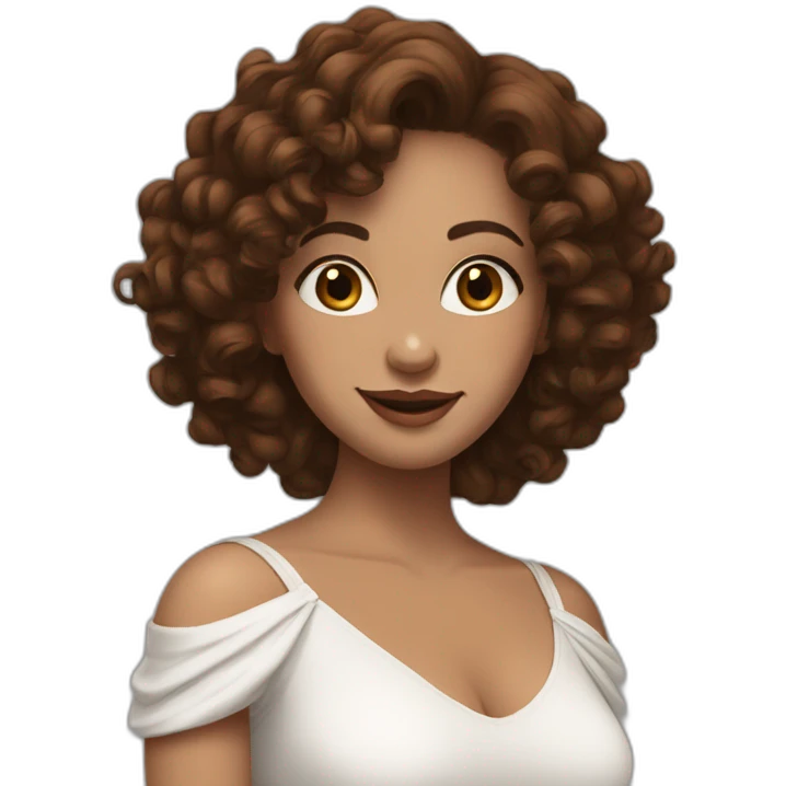 white woman-designer with brown curly hair middle length, wears Off Shoulder Batwing Tank makes love with hands emoji