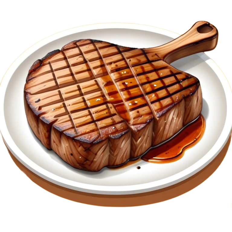 Cinematic thick-cut scotch t-bone steak, perfectly seared with grill marks, a grilled center, rich and savory, warm glow, sizzling and mouthwatering, highly detailed and appetizing. emoji