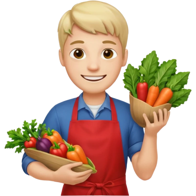 guy red apron smiling with vegetables emoji