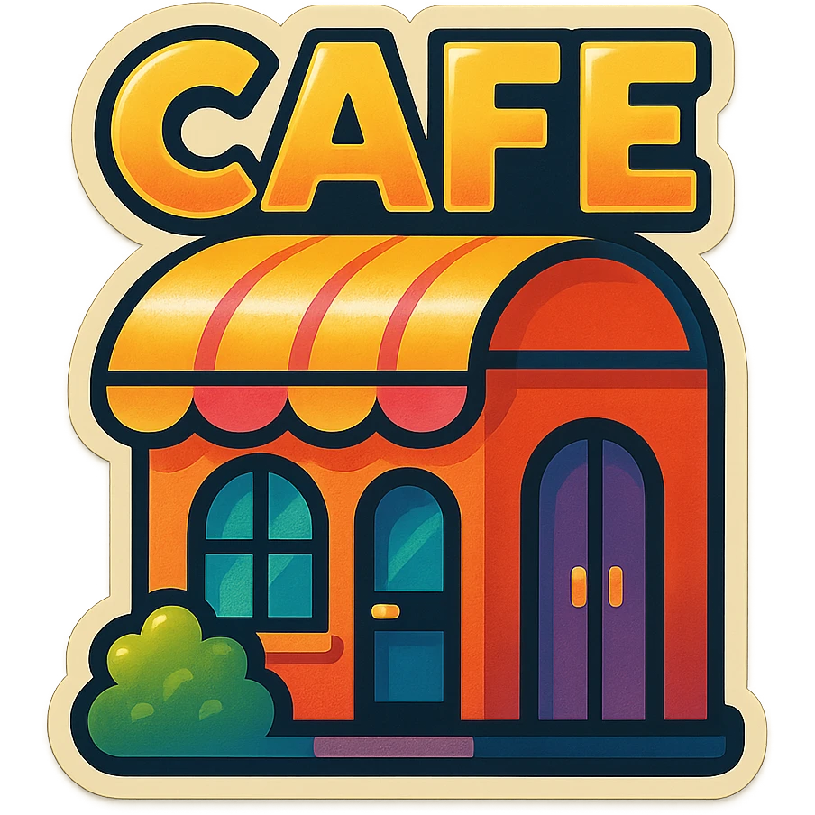 a cafe, bold outlines, vintage vibe, retro sticker style emoji
