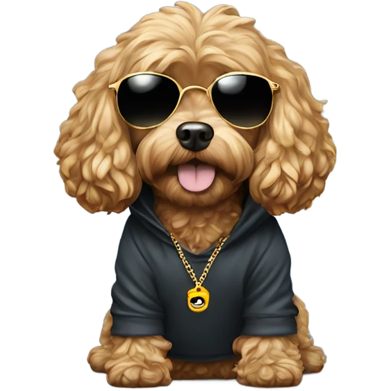 Cavapoo wearing a hoodie, gold chain and sunglasses emoji