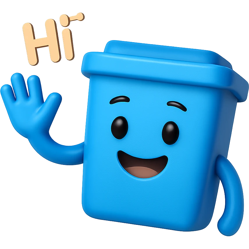 3D emoji style blue bin with a smiling face, waving and saying hi emoji
