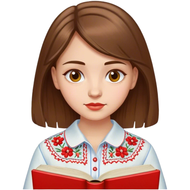 A Ukrainian girl with brown hair in an embroidered shirt reads a red book emoji