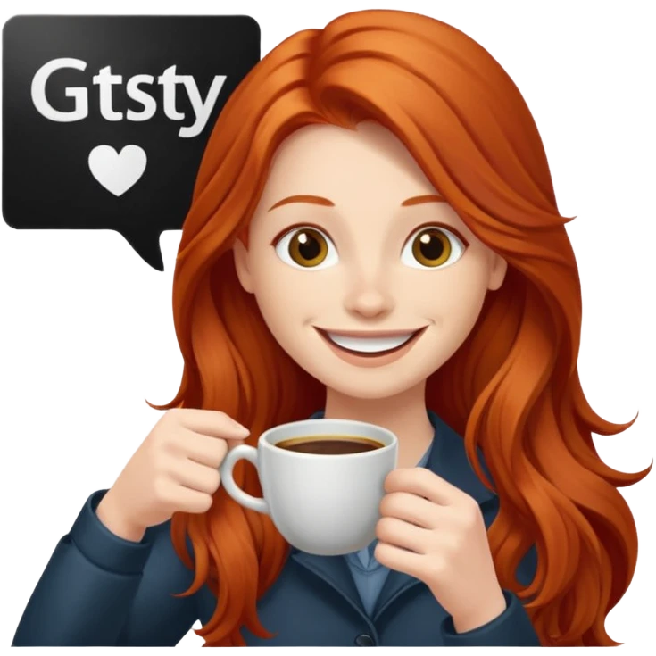 Excited long haired redhead drinking coffee with a sign in front saying GTSY emoji