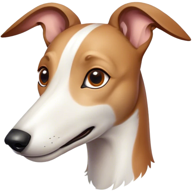 Cinematic Cute White and Brown Greyhound Portrait Emoji, Head tilted playfully and inquisitively, featuring a smooth white Fur with vibrant brown accents and round, sparkling eyes filled with curiosity, Simplified yet irresistibly adorable features, highly detailed, glowing with a warm, friendly glow, high shine, affectionate and nimble, stylized with a touch of whimsy, bright and endearing, soft glowing outline, capturing the essence of a mischievous yet loving racer, so playful it feels like it could sprint out of the screen and into your arms! emoji