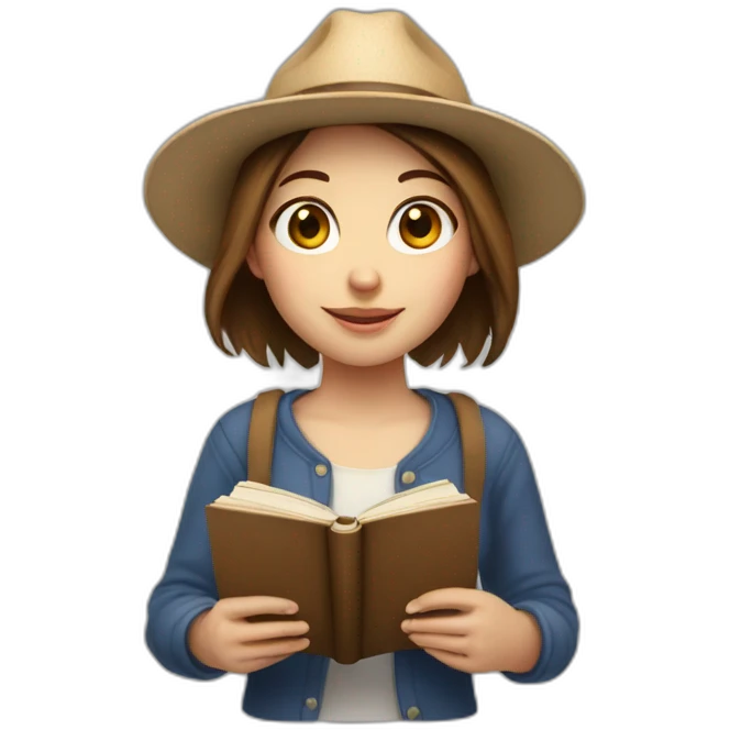 white skin, Girl with a hat, brown hair straight to the shoulders, holding a book emoji