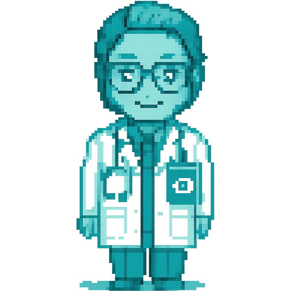 An eye doctor emoji in pixel-art style with a cyan color emoji