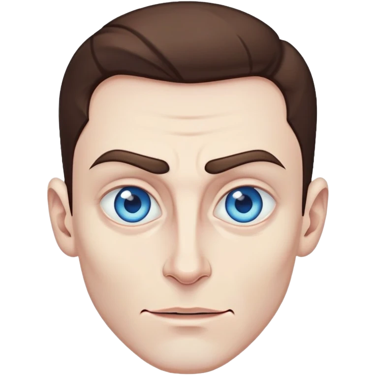 Man IOS, Blue eyes, pale skin, heterochromia, brown hair, extreme cheekbones, sharp jawline, evil smirk emoji