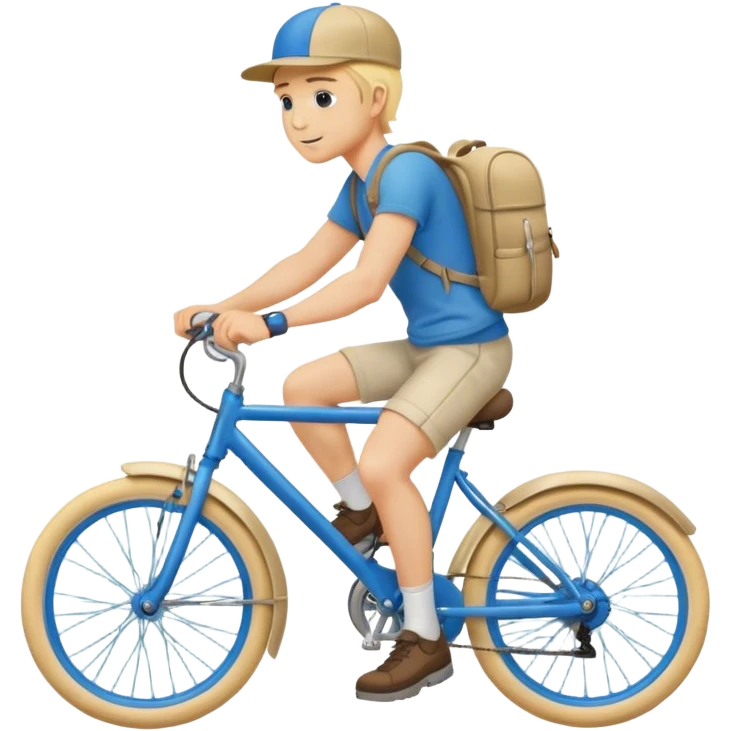 A blond guy in a cap and with a backpack on his back rides a blue bike emoji