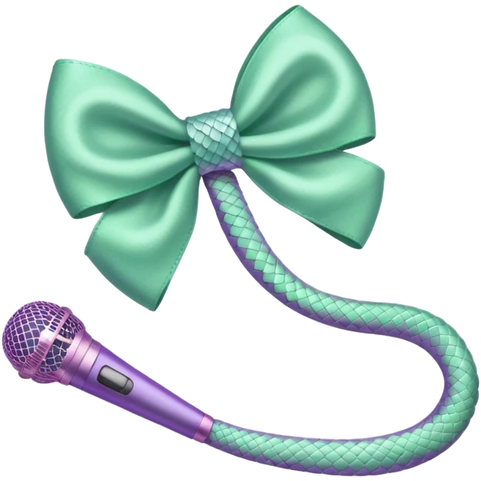 A pastel pink bow with a pastel green snake on the top of one side and a pastel purple microphone on the bottom of the other side emoji