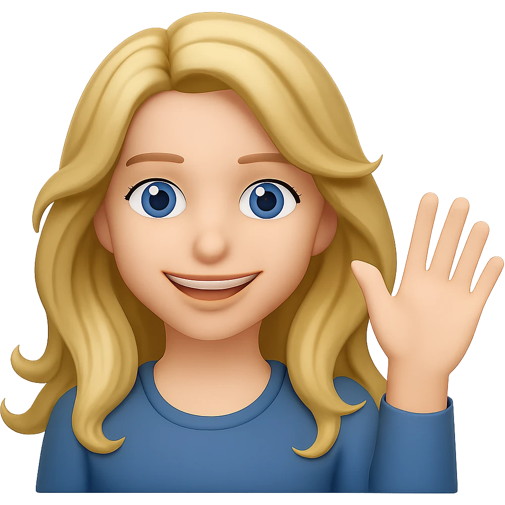 Make her eyes blue, keep her as an 18 year old girl with long, wavy, dirty blonde hair waving, emoji style, smiling, with no background emoji