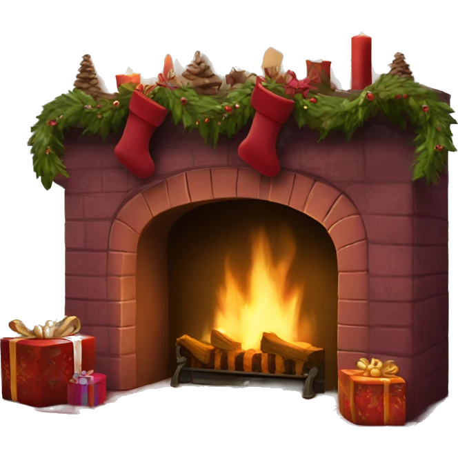 Realistic decorated burgundy Christmas fireplace emoji