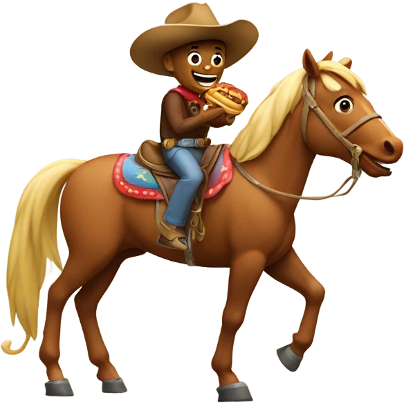 Emoji eating big hotdog white riding a horse with a cowboy hat emoji