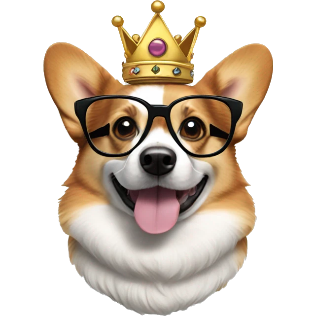 Tri-colored-corgi with round glasses and a crown  emoji