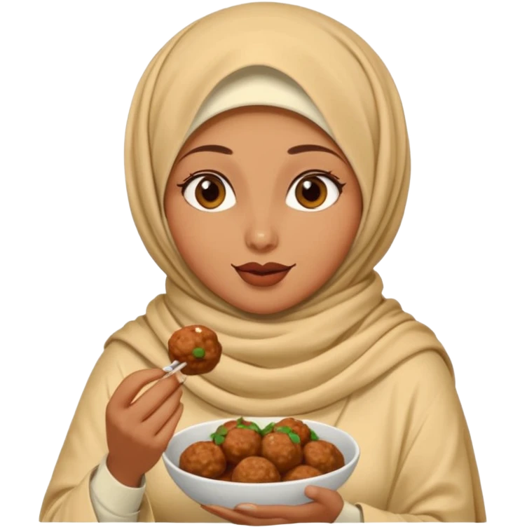 woman wearing a cream colored pashmina hijab eating meatballs emoji
