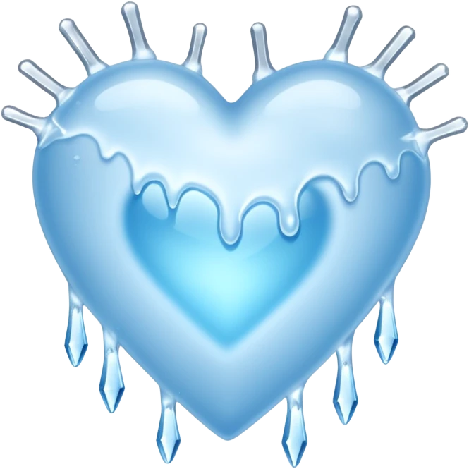 An ice blue heart with frost spidering across it and icicles dripping from it emoji