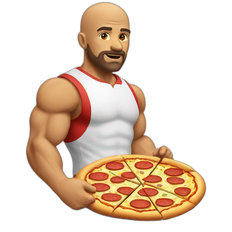 muscular bald man with short beard eating a pizza emoji