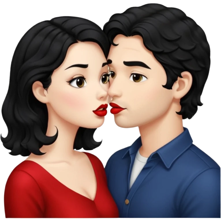 a handsome man with black short wavy hair tries to kiss a cute woman who has long black hair emoji