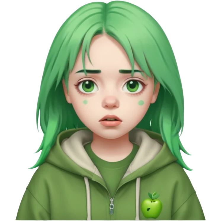 Billie Eilish with green hair, oversized clothing, moody expression, pop star vibe, Apple emoji style emoji