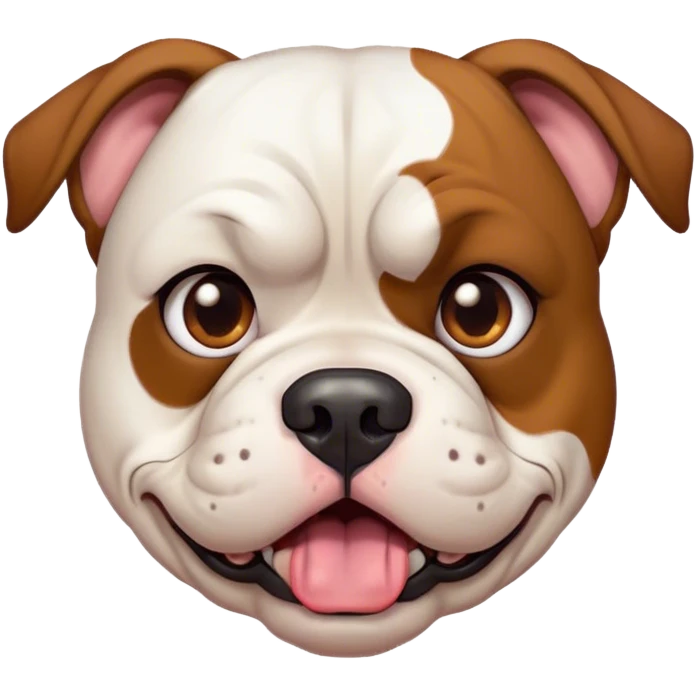 Cinematic Comical White and Brown American Bulldog Portrait Emoji, Head tilted dramatically with an exaggeratedly shocked or offended expression, short white fur with bold brown patches, wide, expressive brown eyes filled with exaggerated disbelief, Simplified yet hilariously expressive features, highly detailed, glowing with a slightly sassy glow, high shine, dramatic yet playful, stylized with an air of attitude, bright and endearing, soft glowing outline, capturing the essence of a sassy and over-the-top pup, so meme-worthy it feels like it could side-eye its way into internet fame instantly! emoji