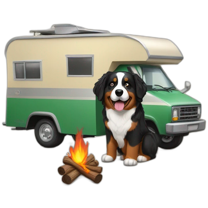 bernese mountain dog driving camper and wood-fire emoji