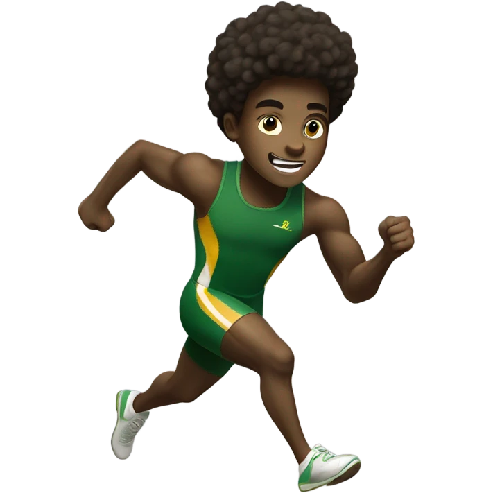 Muscular Afro teenage boy  in green track and field uniform running fast with gold baton in his hand. emoji