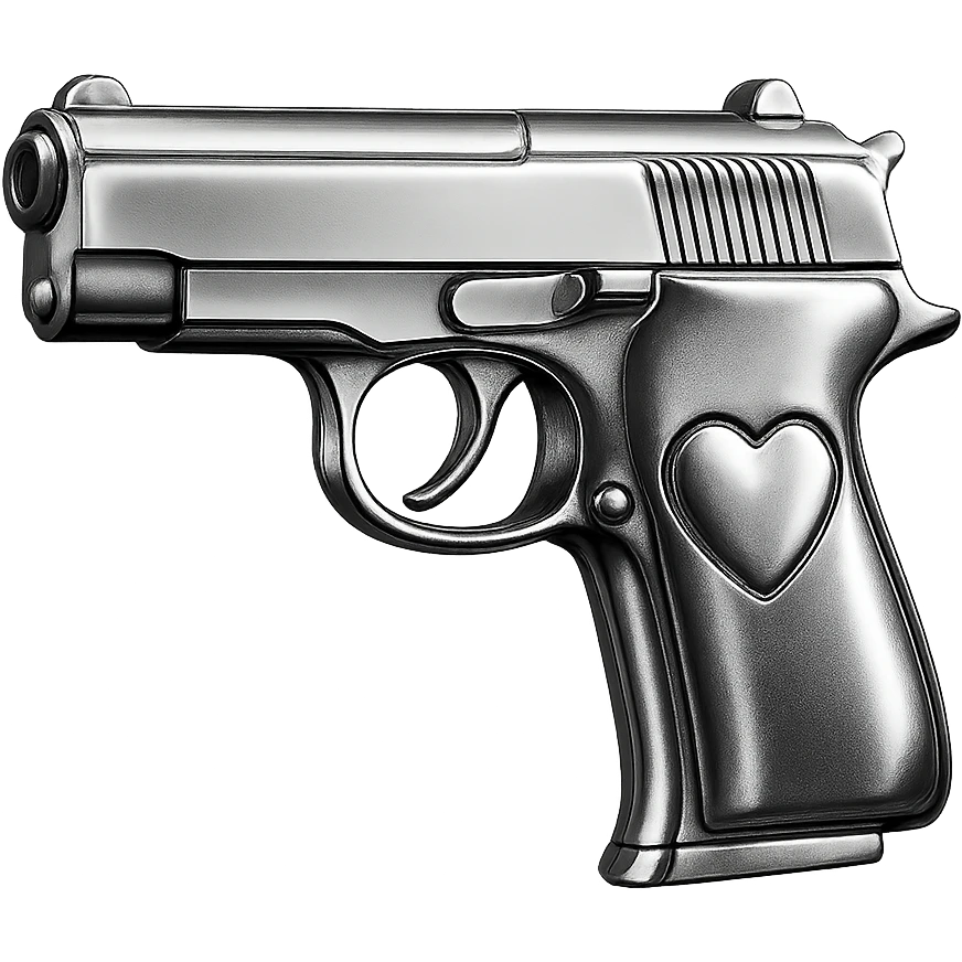 green heart pistol, chrome style, shiny metallic reflections emoji