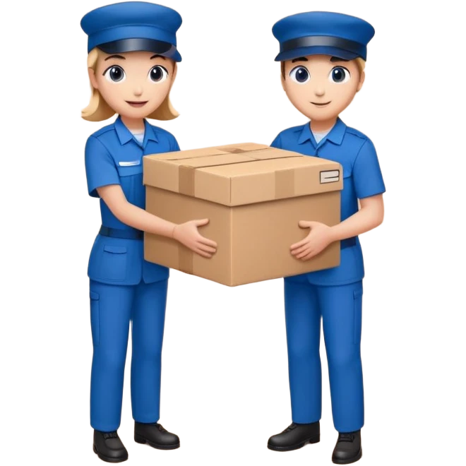 two suppliers in blue uniforms and caps holding a big box together, different pose emoji