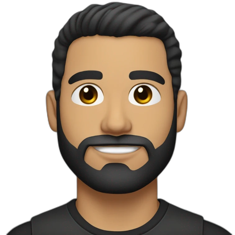 25 year old Hispanic man with a beard and thick eyebrows light skin, black shirt and side fades and a comb over with very dark brown eyes emoji